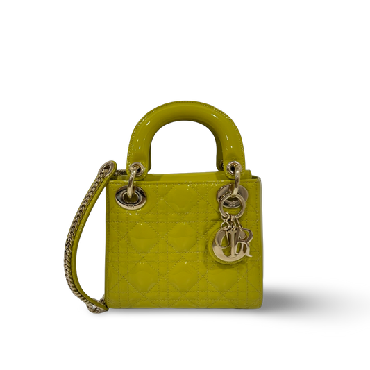 Dior Cannage Patent Mini Lady Bag - GHW / Lime Yellow