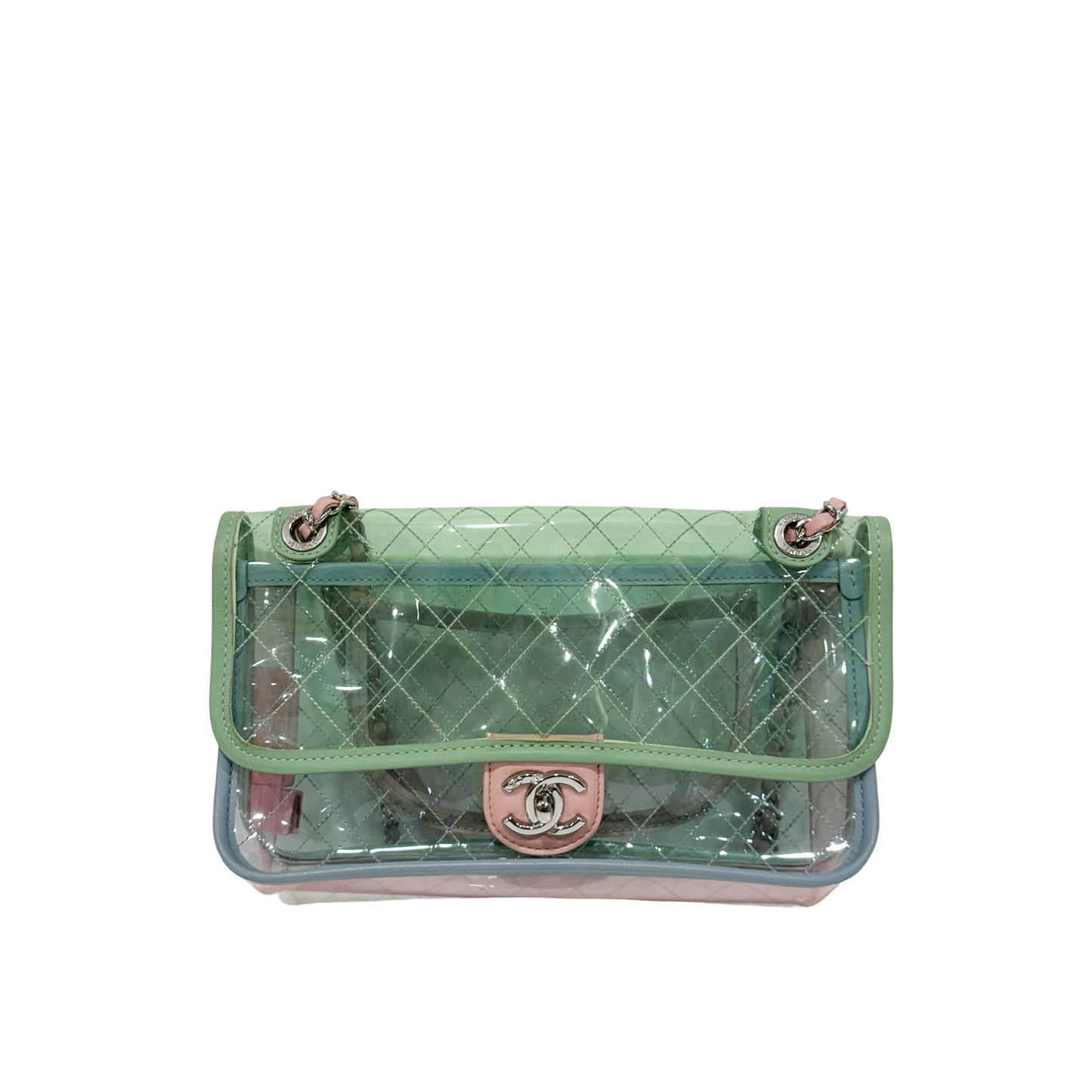 328 /1365 Chanel Quilted PVC Medium Splash Flap - SHW / Blue Pink