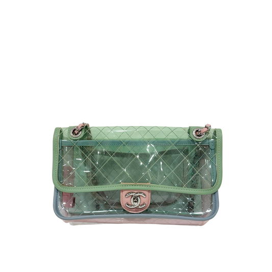 328 /1365 Chanel Quilted PVC Medium Splash Flap - SHW / Blue Pink