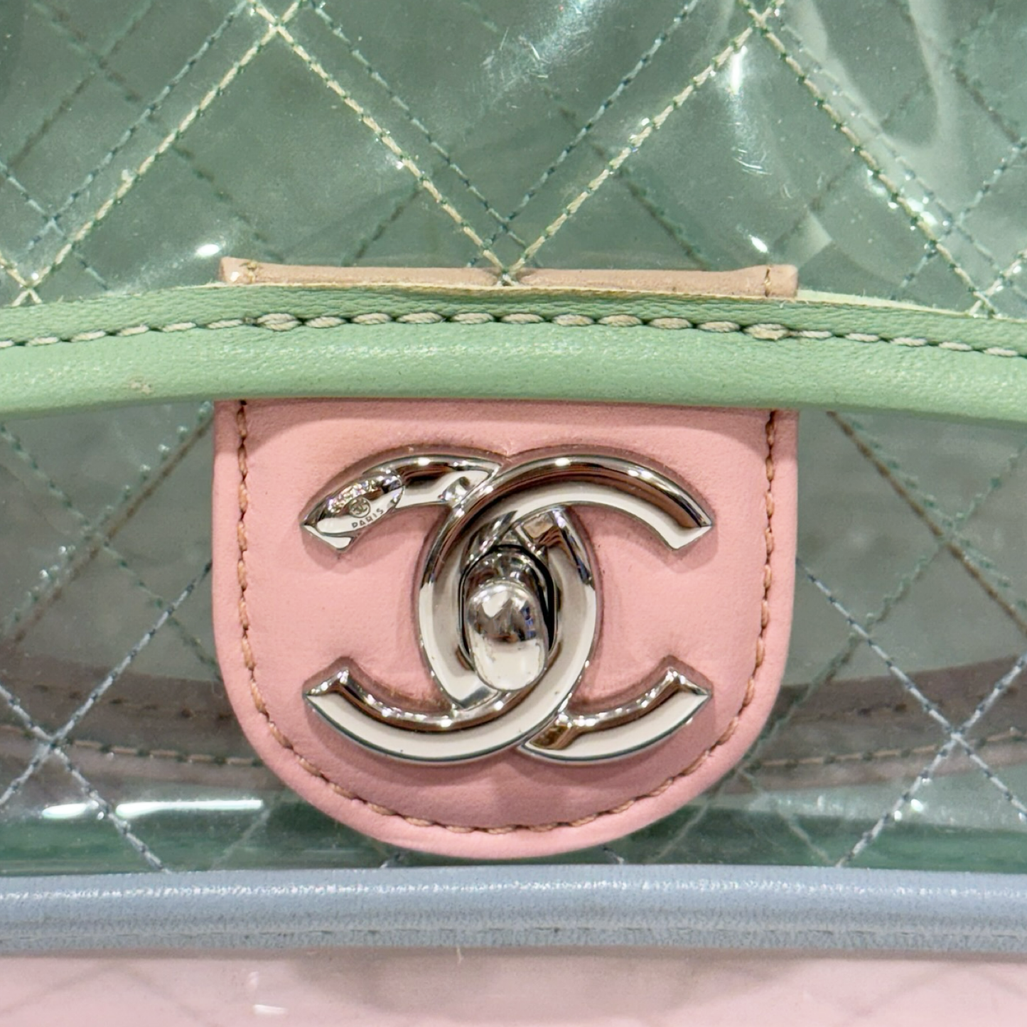 328 /1365 Chanel Quilted PVC Medium Splash Flap - SHW / Blue Pink