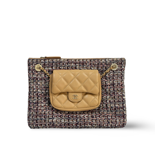 Chanel Classic Lambskin Fabric Double Clutch Beige