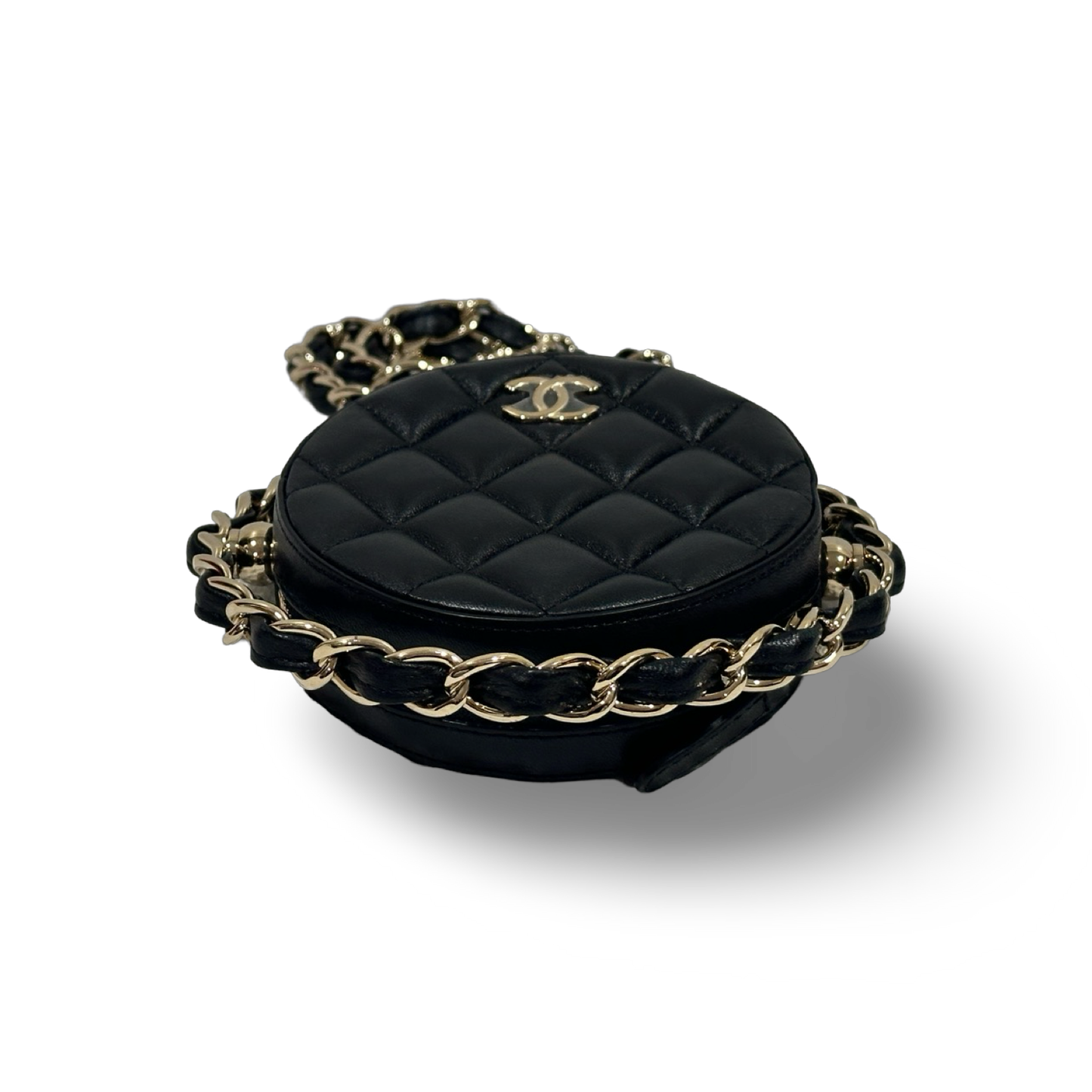 Chanel Quilted Lambskin Round Clutch with Chain Black