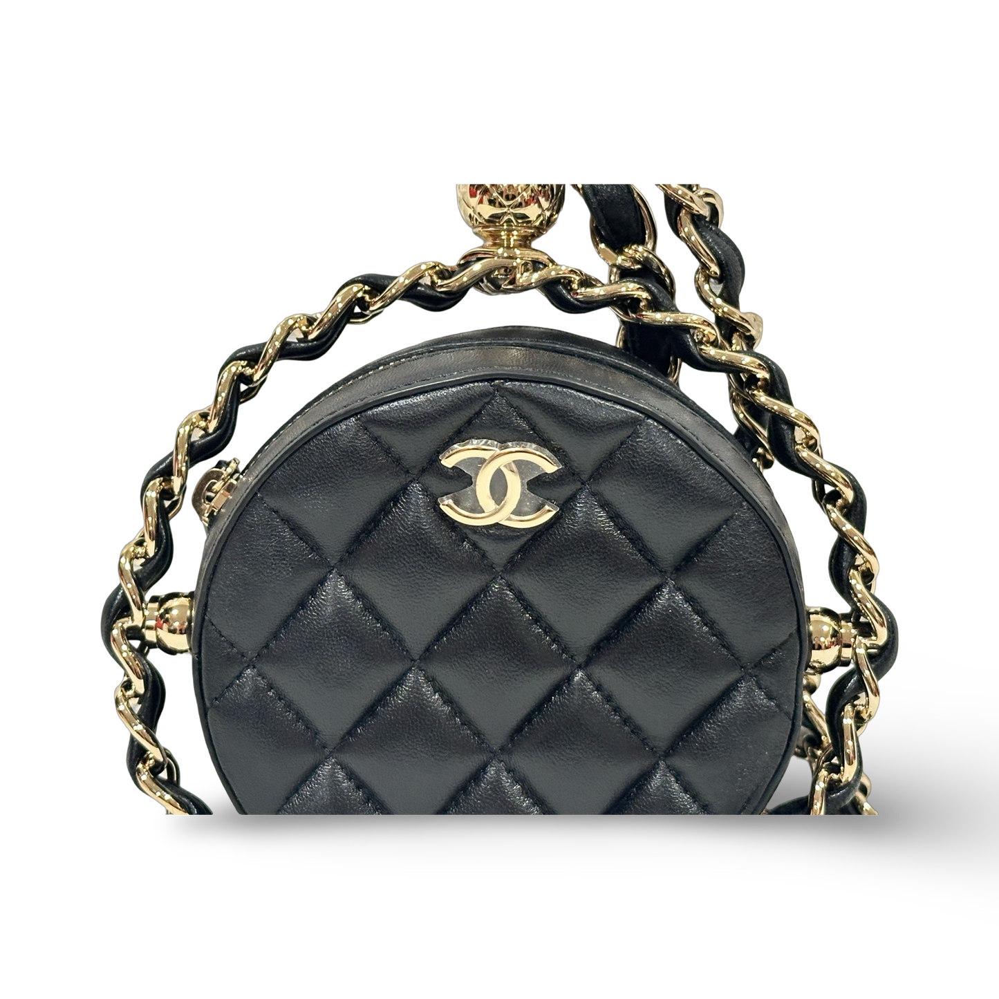 Chanel Quilted Lambskin Round Clutch with Chain Black