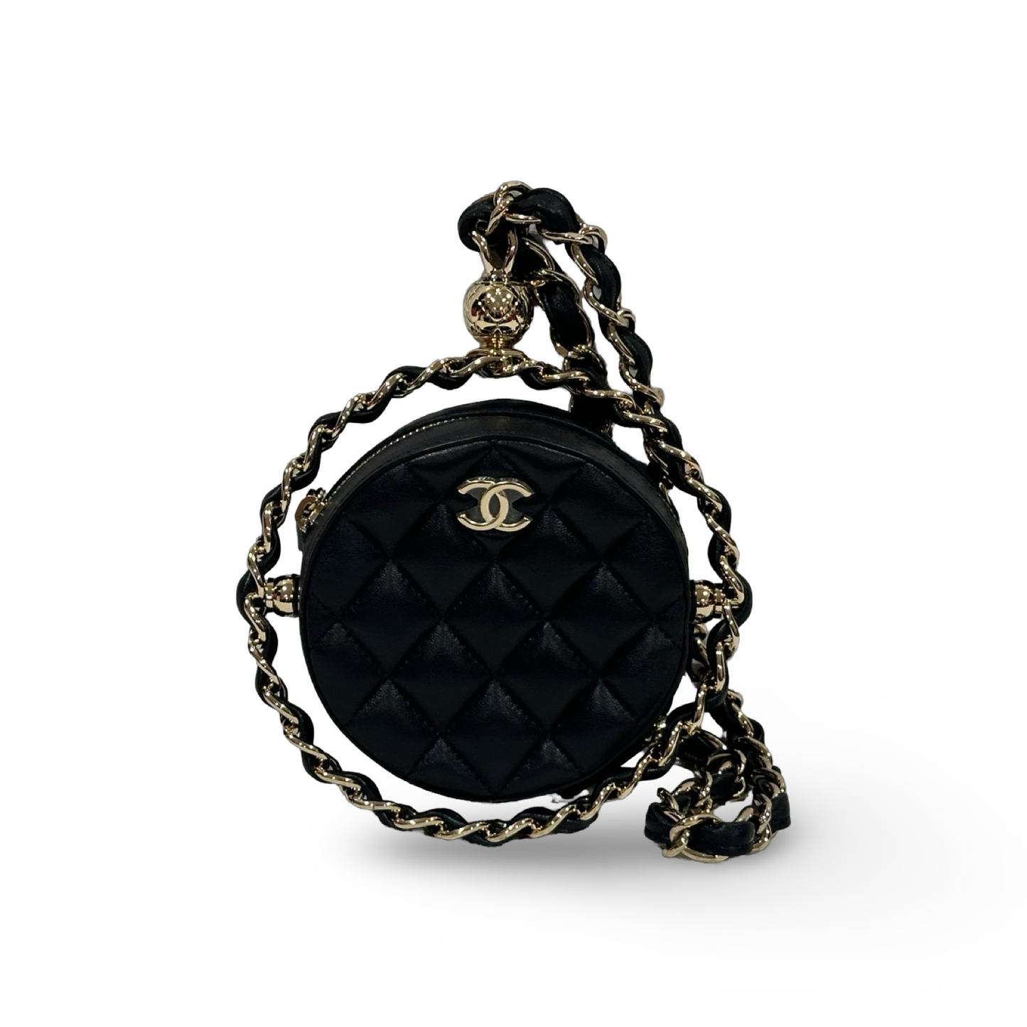 Chanel Quilted Lambskin Round Clutch with Chain Black