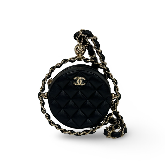 Chanel Quilted Lambskin Round Clutch with Chain Black