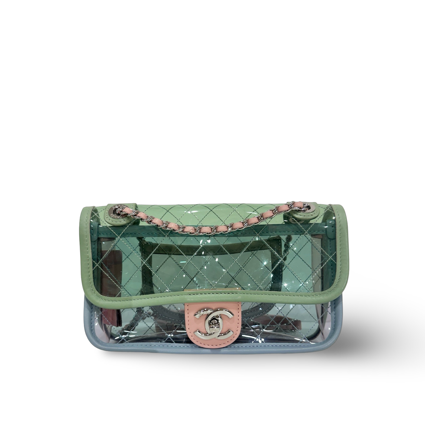 363 Chanel Quilted PVC Medium Splash Flap - SHW / Blue Pink