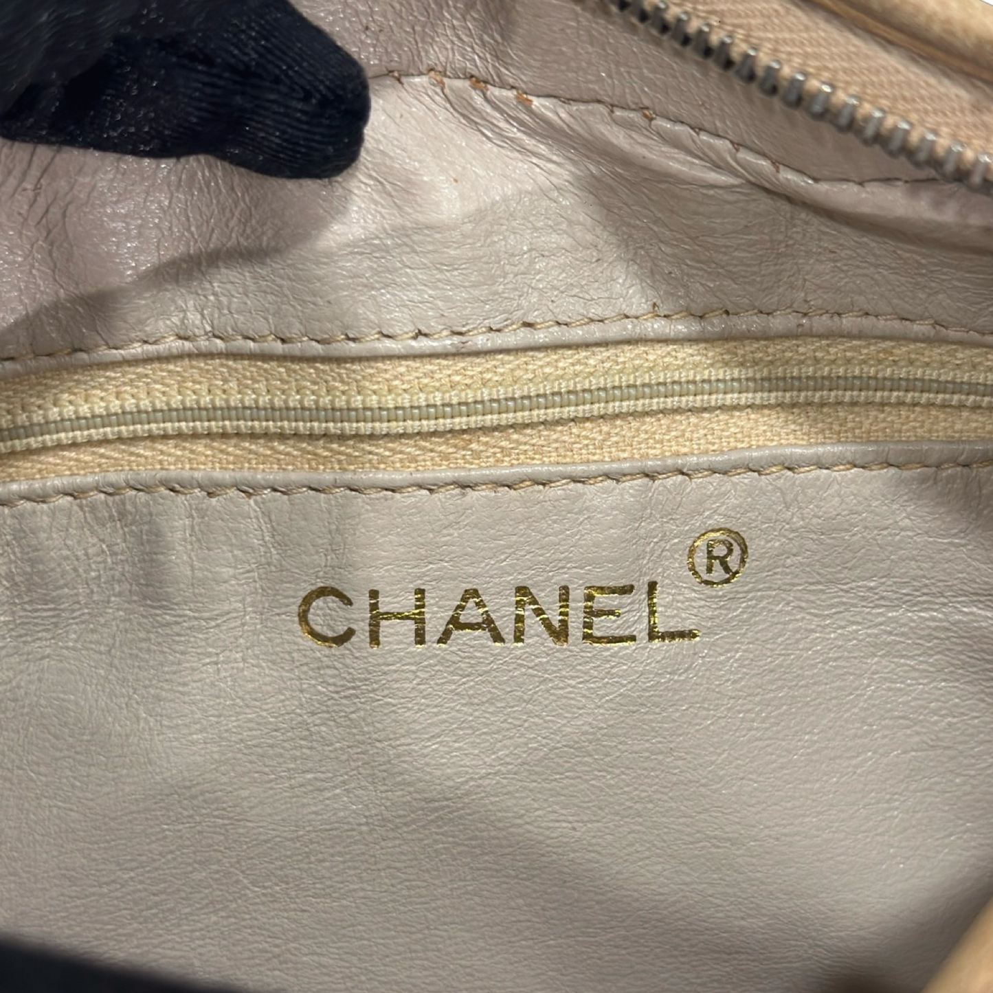 Chanel Vintage Quilted Lambskin Three Logos Camera Bag - GHW / Beige