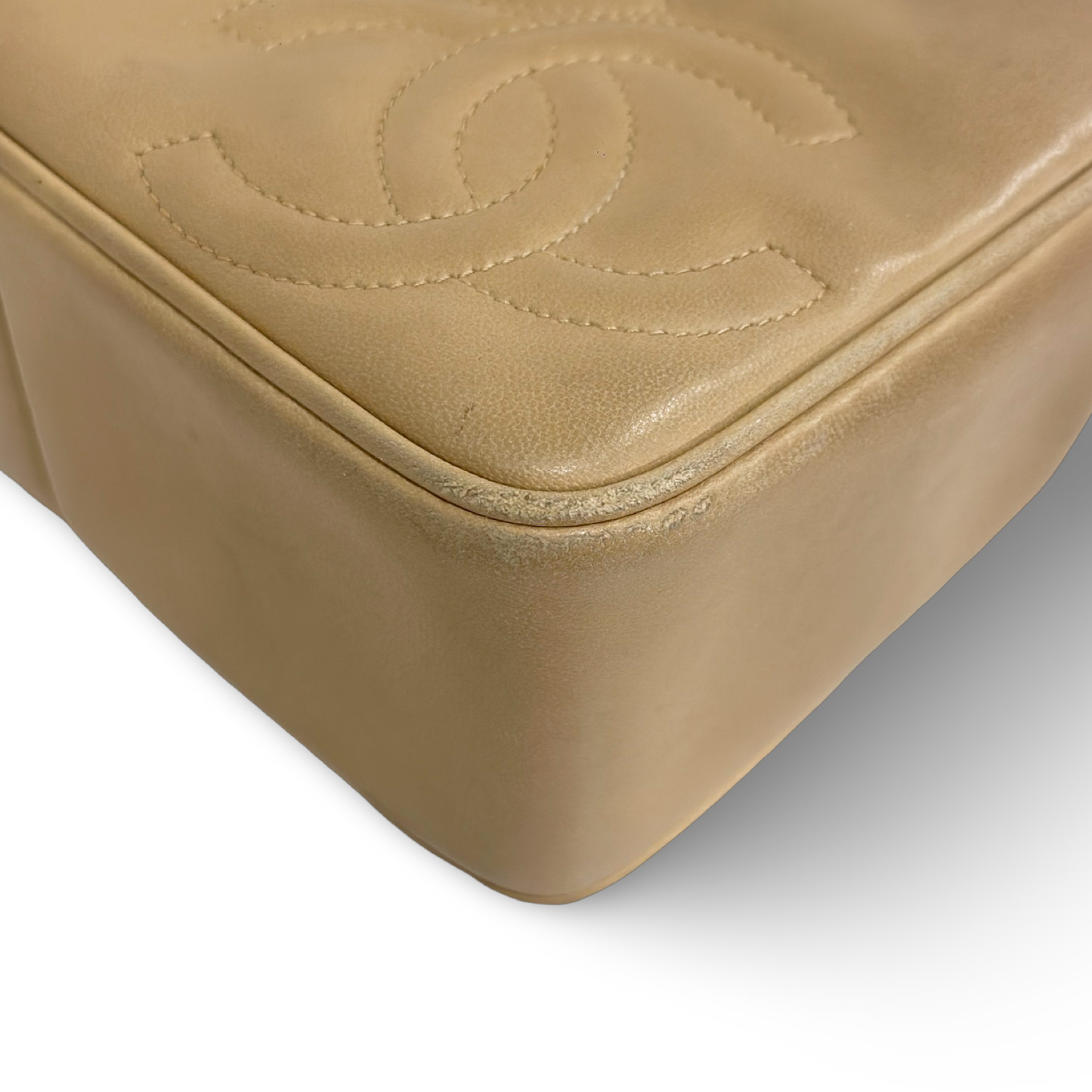 Chanel Vintage Quilted Lambskin Three Logos Camera Bag - GHW / Beige