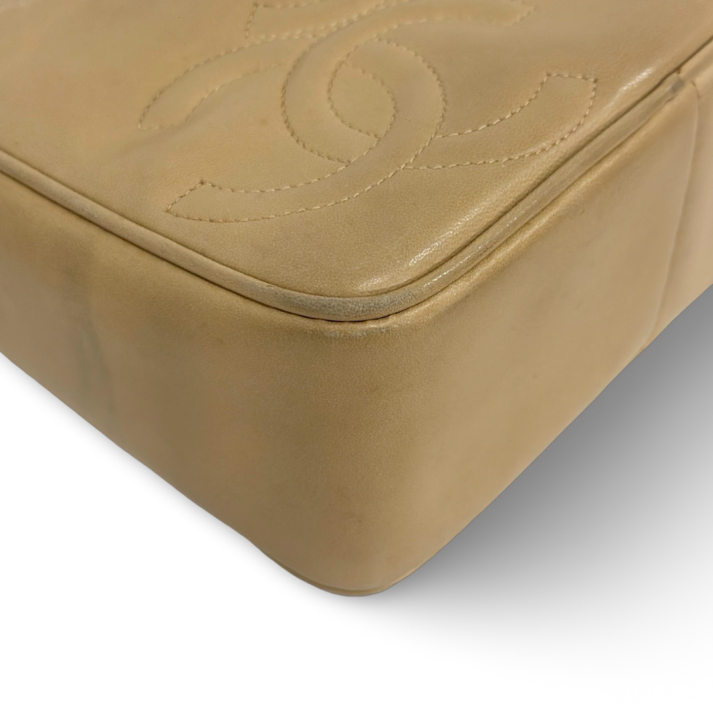 Chanel Vintage Quilted Lambskin Three Logos Camera Bag - GHW / Beige