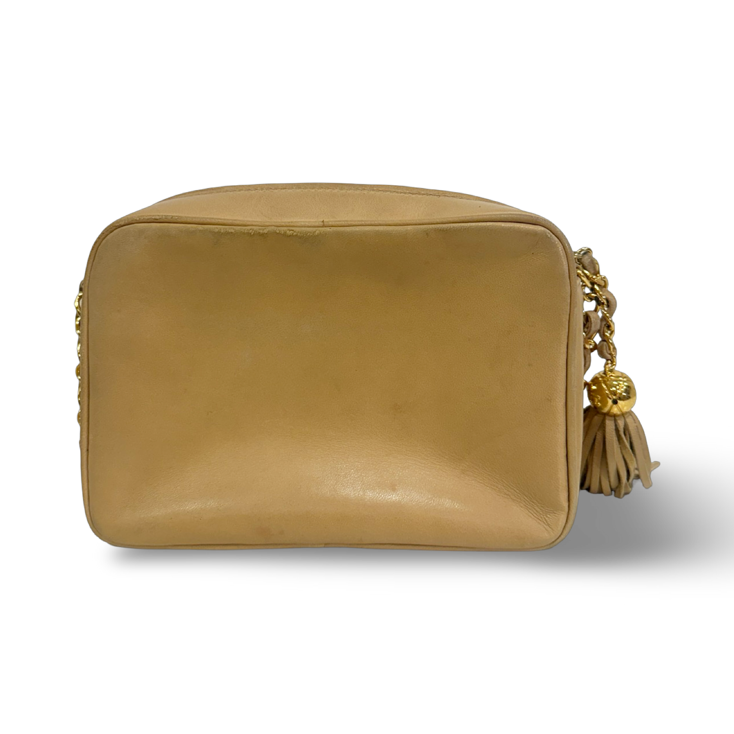 Chanel Vintage Quilted Lambskin Three Logos Camera Bag - GHW / Beige
