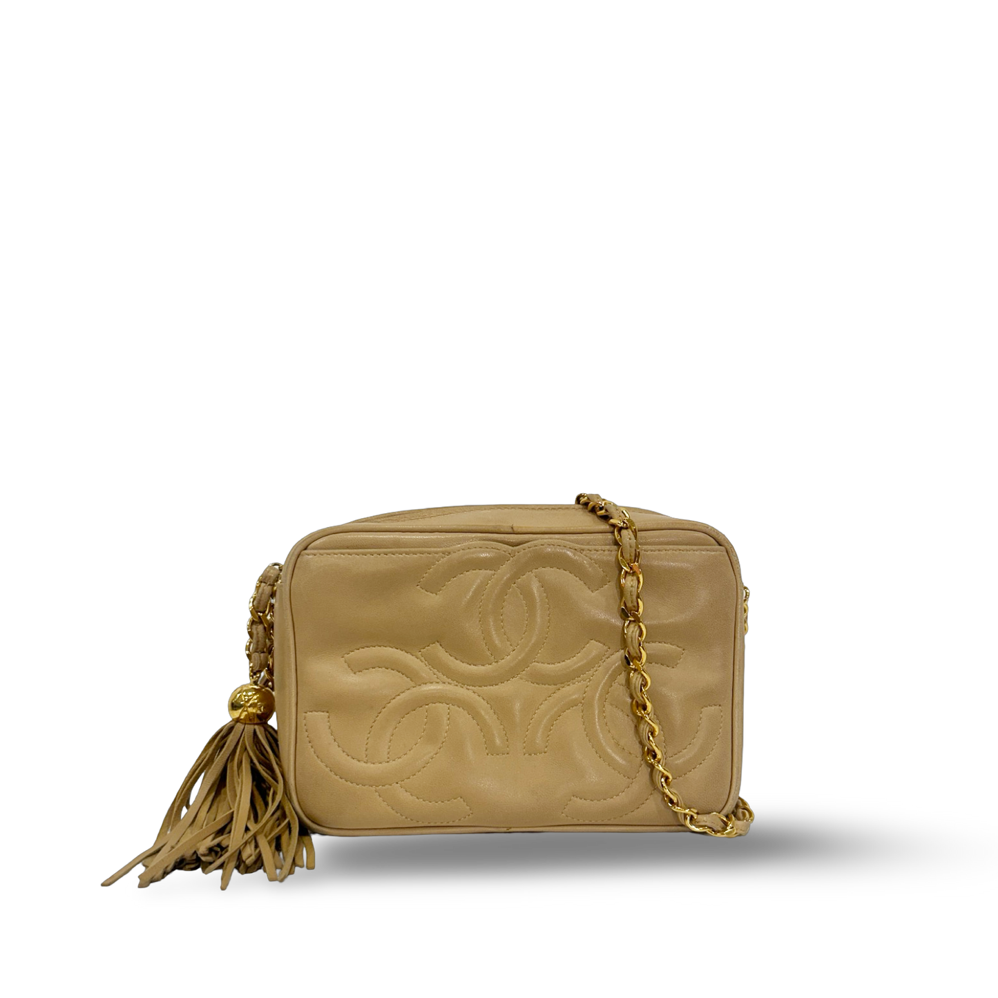 Chanel Vintage Quilted Lambskin Three Logos Camera Bag - GHW / Beige