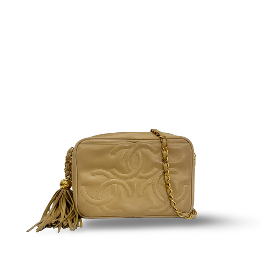 Chanel Vintage Quilted Lambskin Three Logos Camera Bag - GHW / Beige