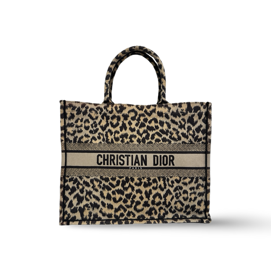 Dior Embroidered Canvas Large Leopard Tote - Brown