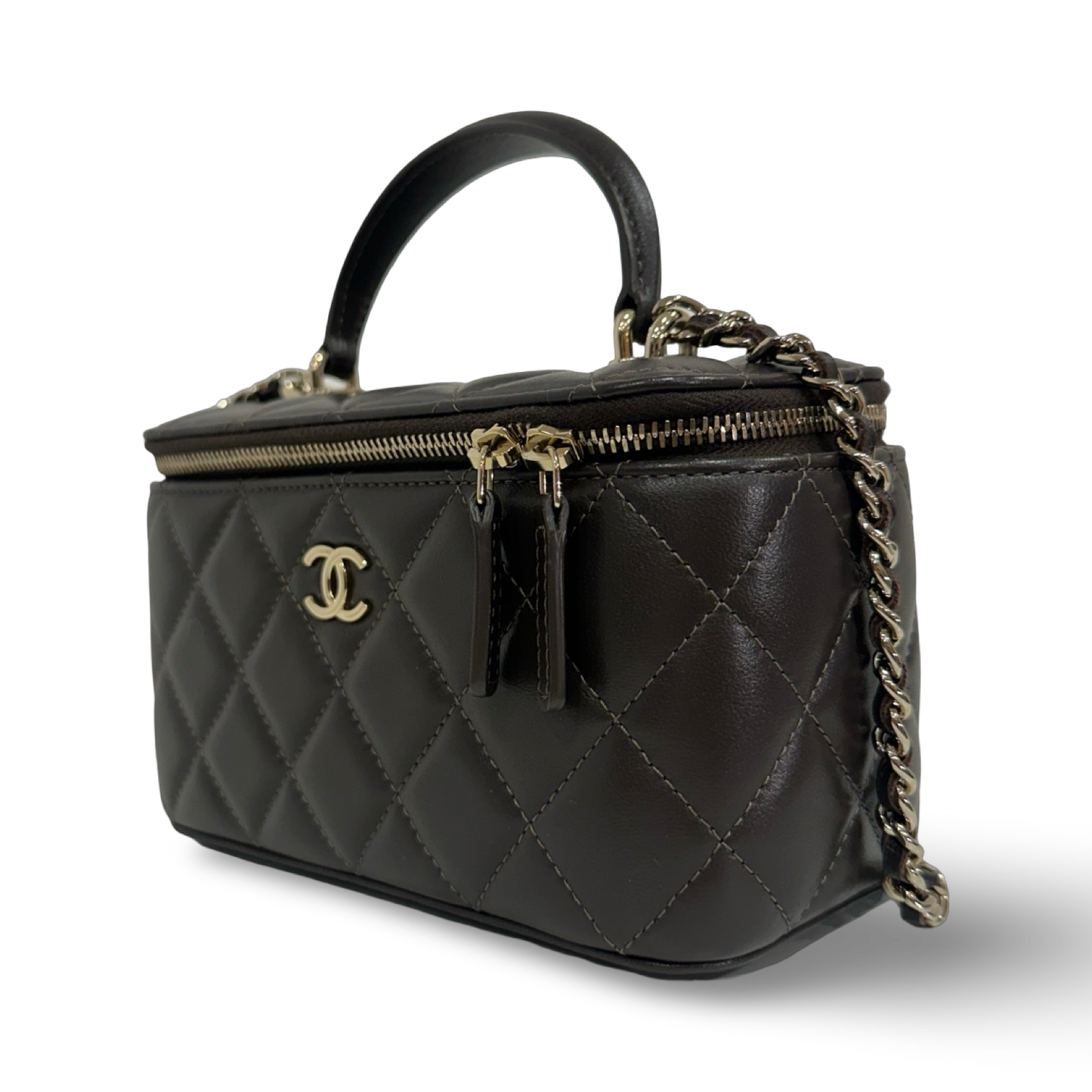 Chanel Quilted Lambskin Small Tophandle Vanity Box - GHW / Brown