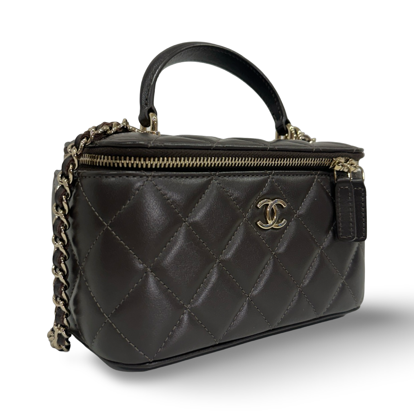 Chanel Quilted Lambskin Small Tophandle Vanity Box - GHW / Brown