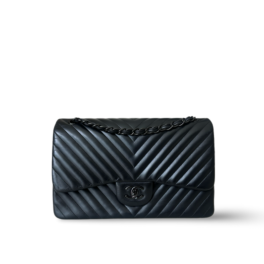 Chanel Chevron Lambskin Jumbo So Black Double Flap - Black / BHW