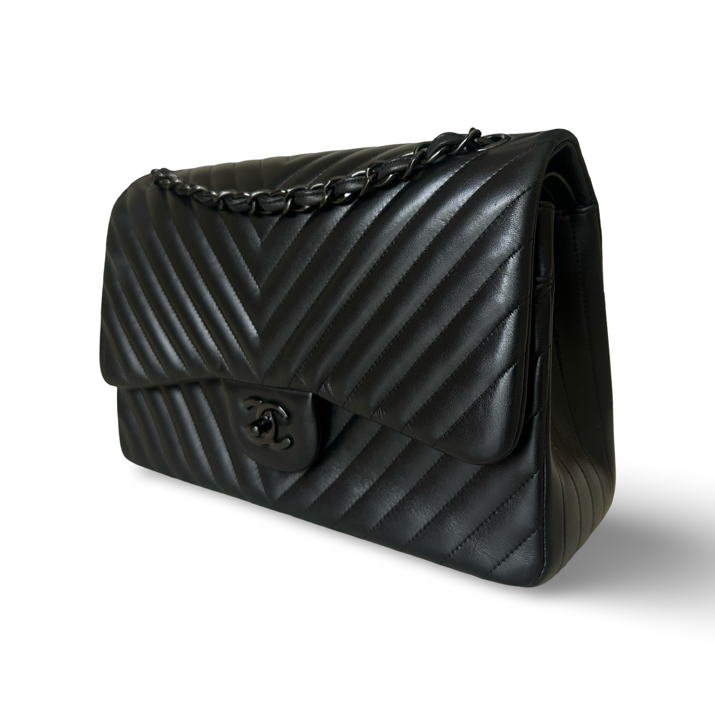 Chanel Chevron Lambskin Jumbo So Black Double Flap - Black / BHW