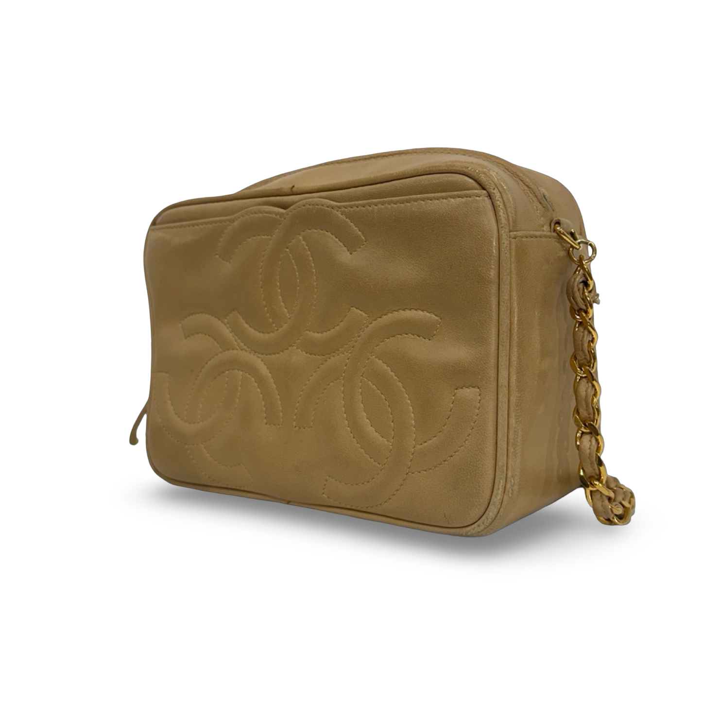Chanel Vintage Quilted Lambskin Three Logos Camera Bag - GHW / Beige