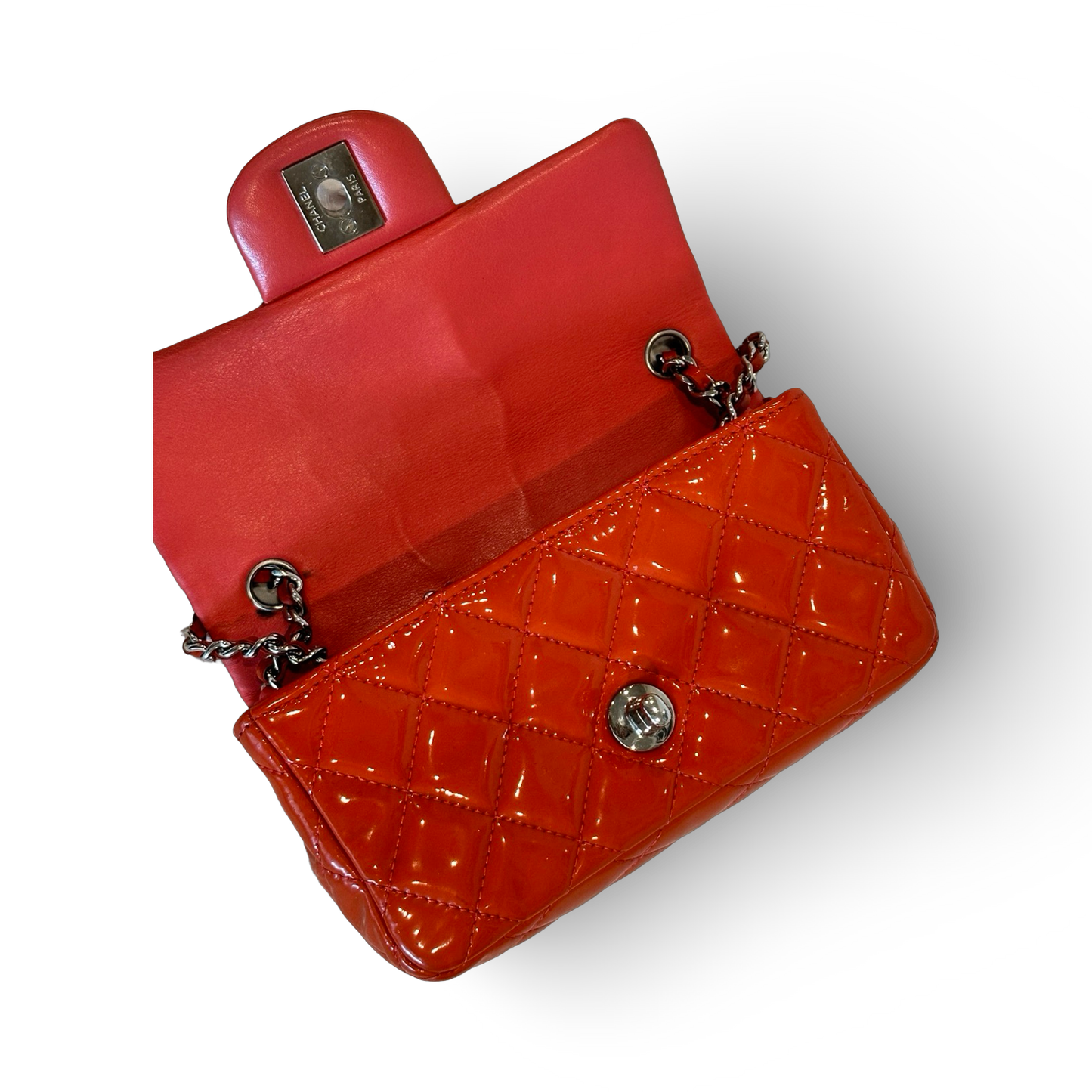Chanel Classic Mini Rectangle Patent Single Flap Orange Pink