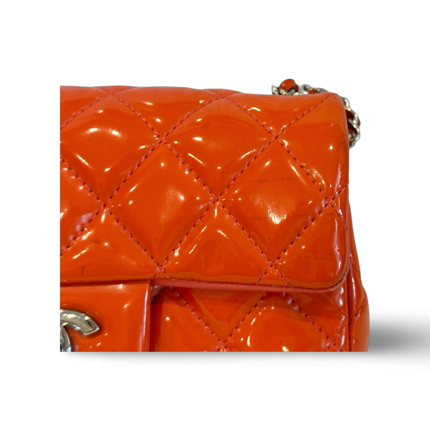 Chanel Classic Mini Rectangle Patent Single Flap Orange Pink
