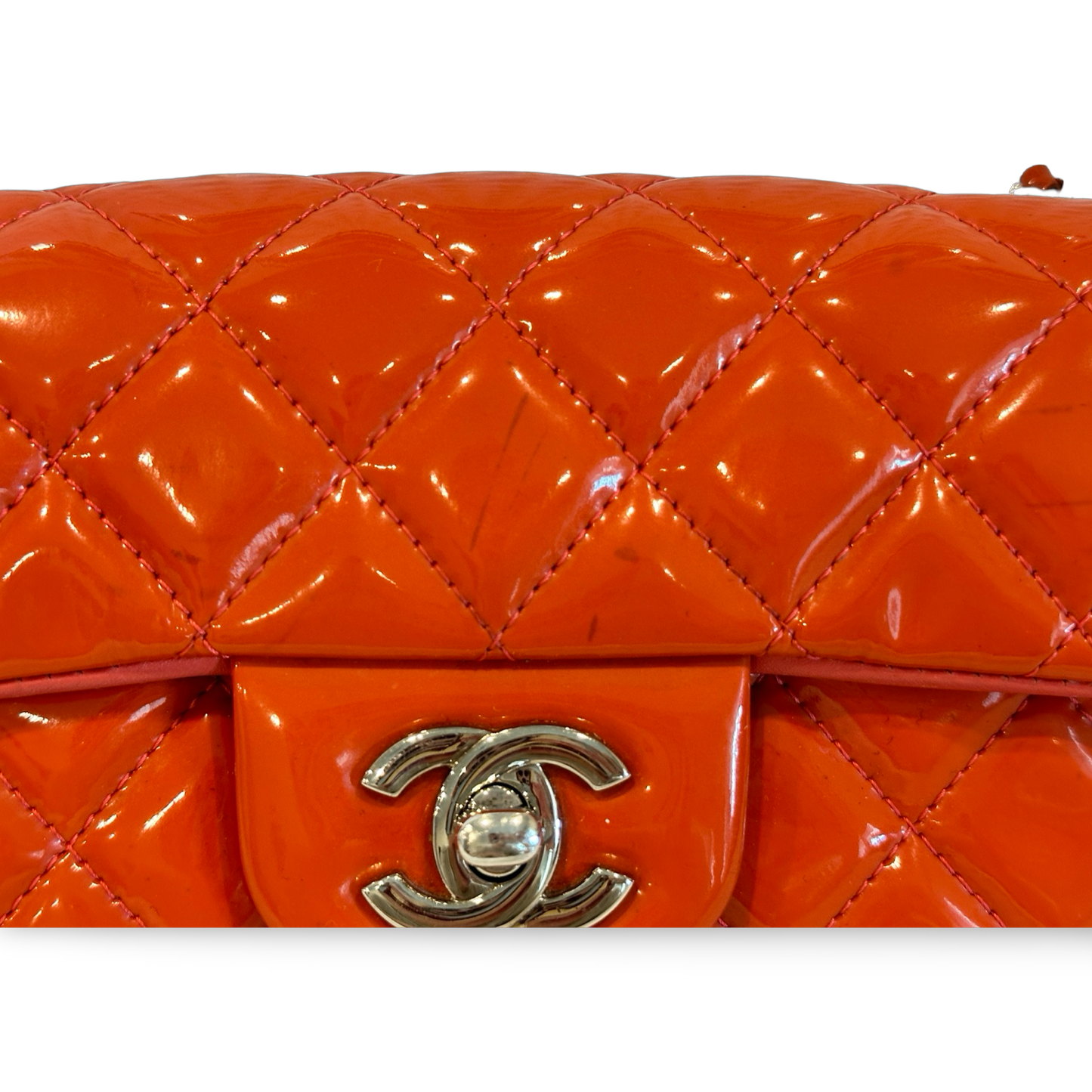 Chanel Classic Mini Rectangle Patent Single Flap Orange Pink