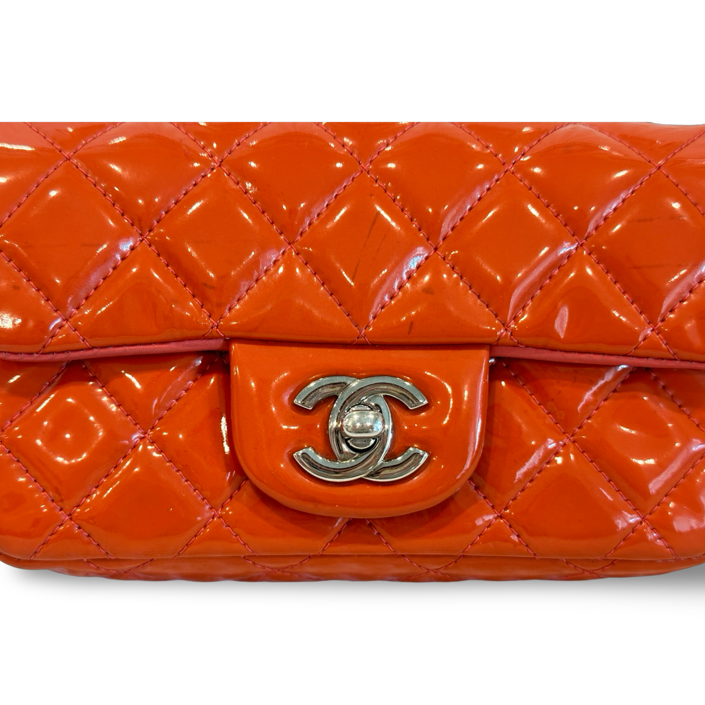 Chanel Classic Mini Rectangle Patent Single Flap Orange Pink