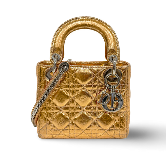 Dior Cannage Shinny Calfskin Mini Lady Bag - SHW / Rose Gold