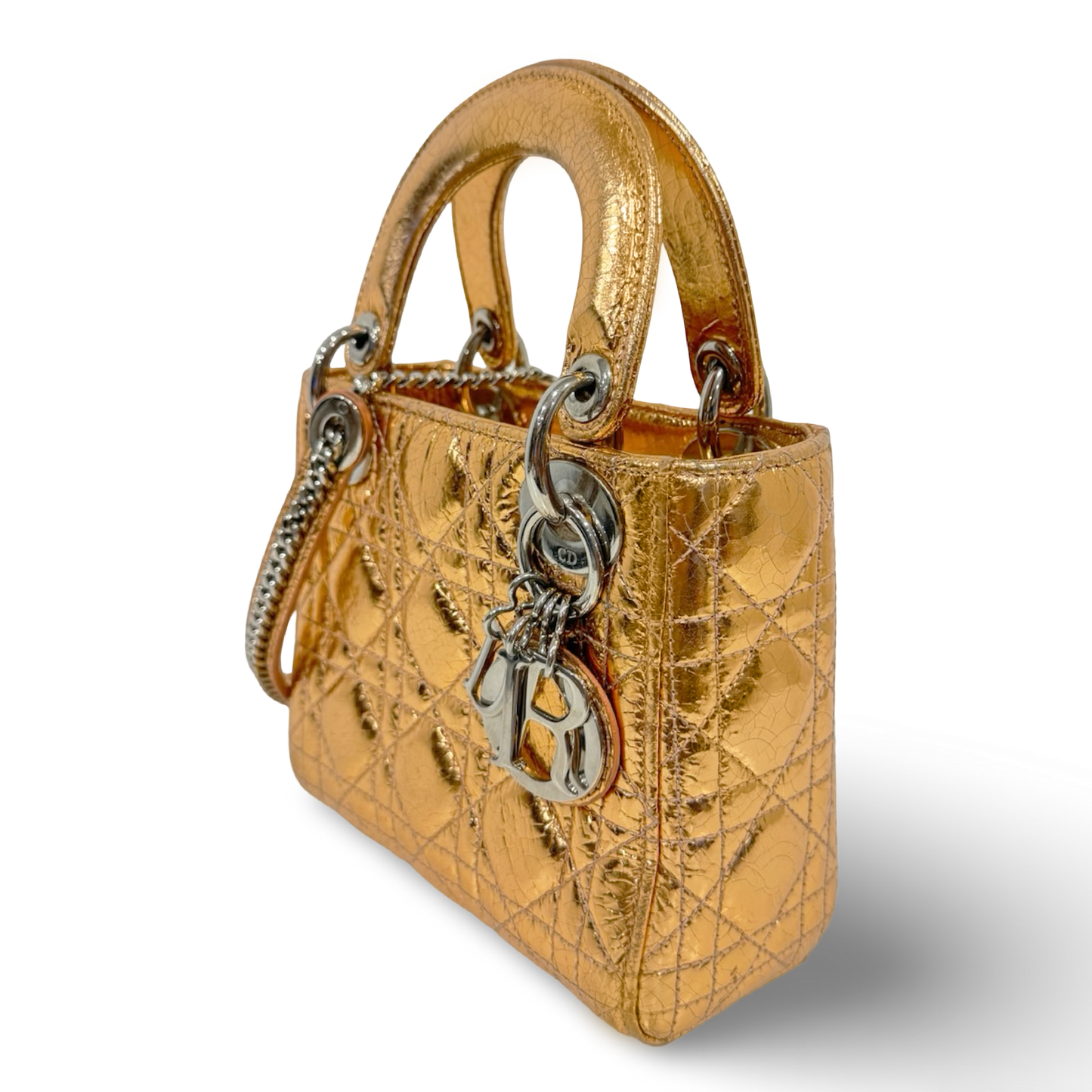 Dior Cannage Shinny Calfskin Mini Lady Bag - SHW / Rose Gold