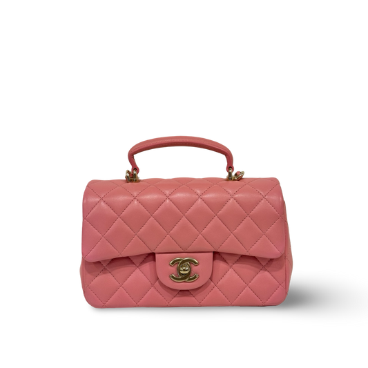 Chanel Quilted Lambskin Rectangular Mini Top Handle Flap - GHW / Pink