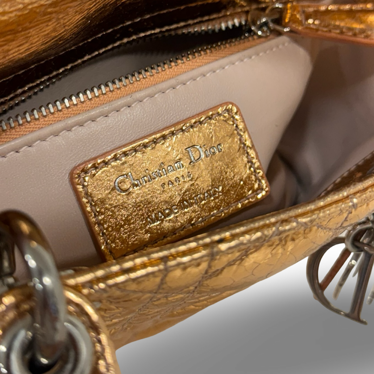 Dior Cannage Shinny Calfskin Mini Lady Bag - SHW / Rose Gold