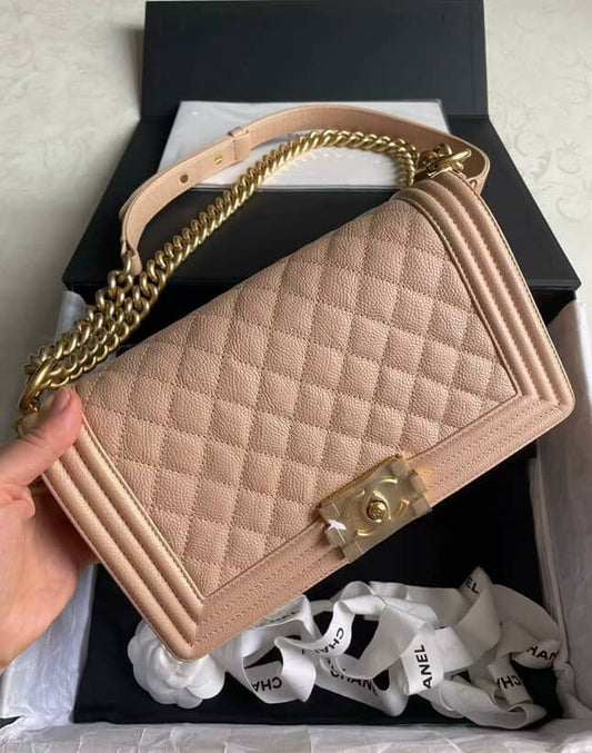 Chanel Quilted Caviar Medium Boy Bag- GHW / Beige