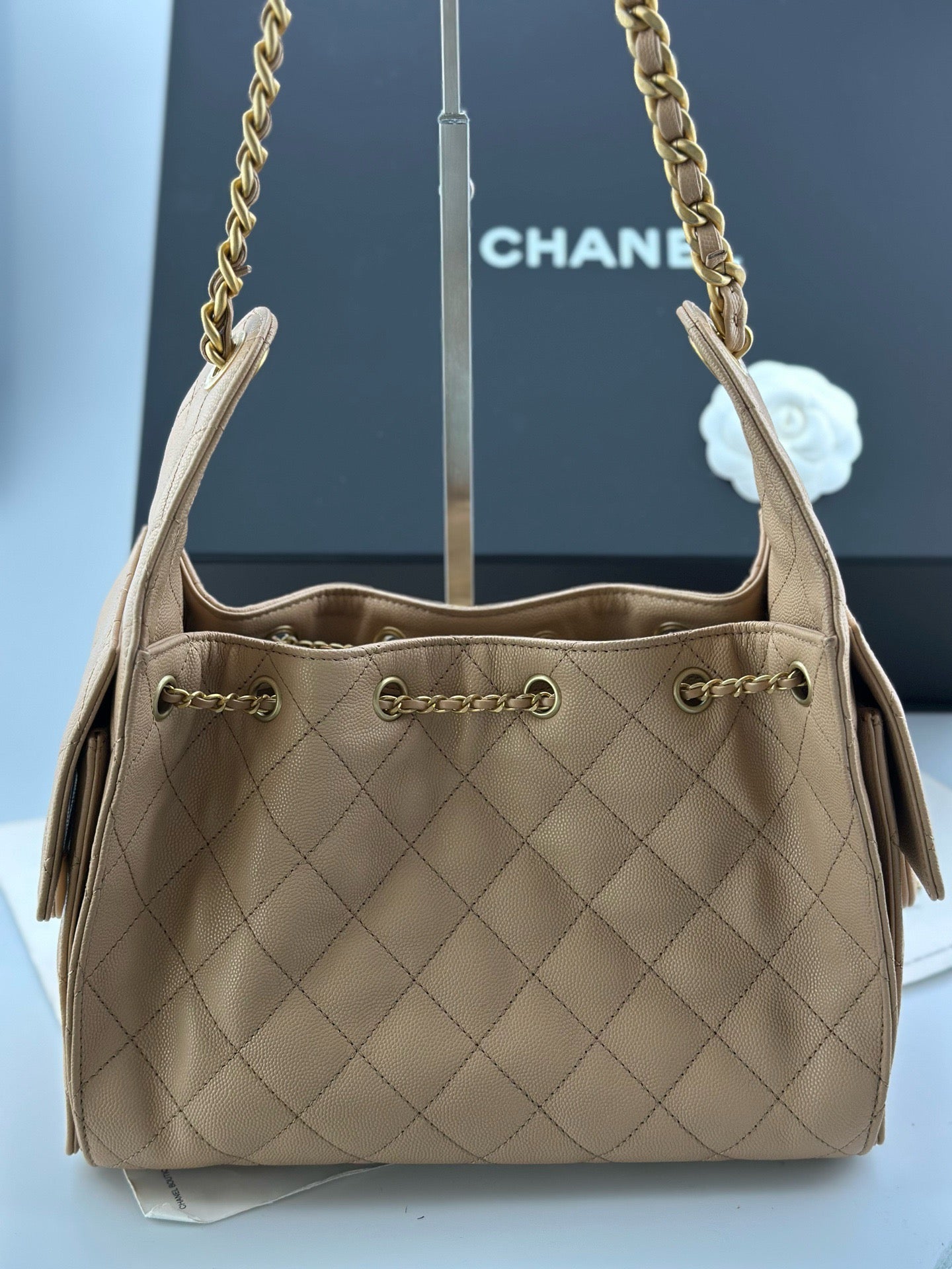 Chanel Quilted Caviar Small 25 Bag - GHW / Beige