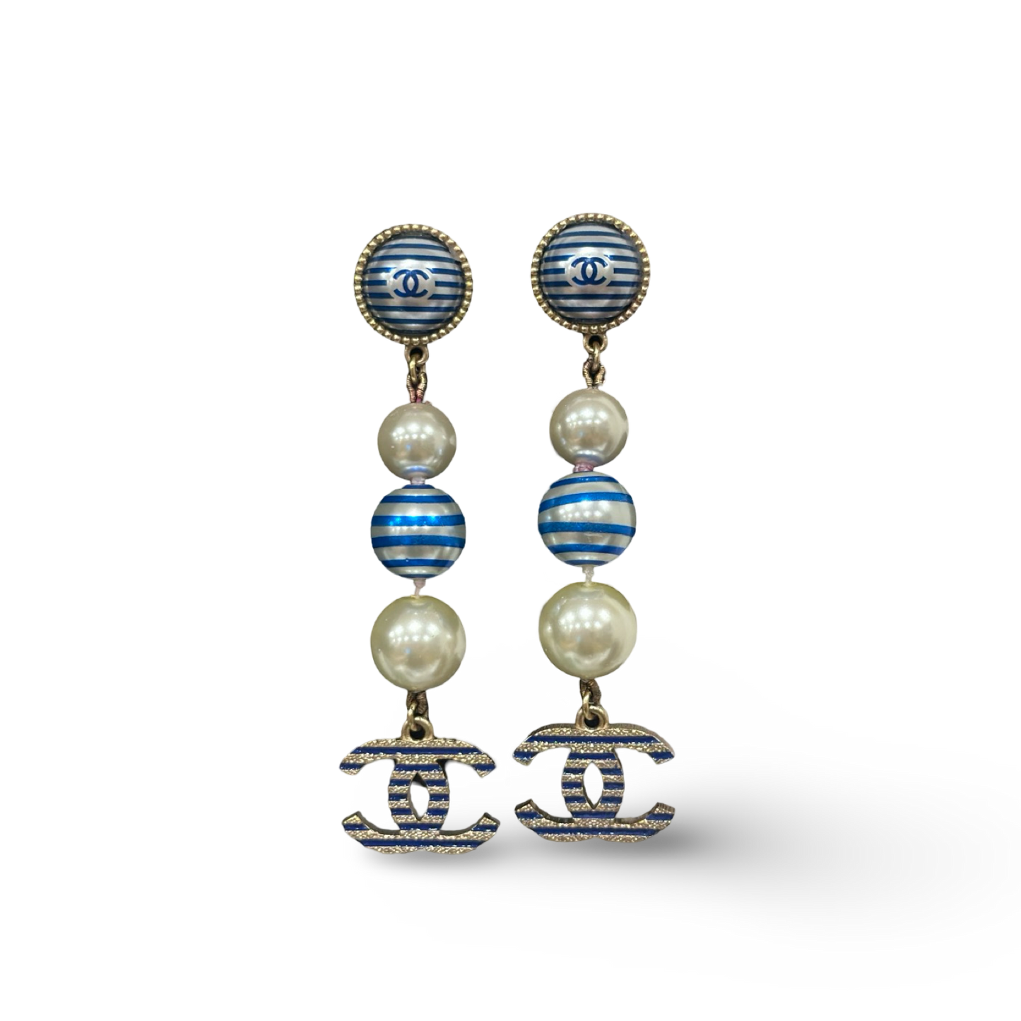 Chanel Resin Pearls Strpped CC Drop Earrings - GHW / Blue