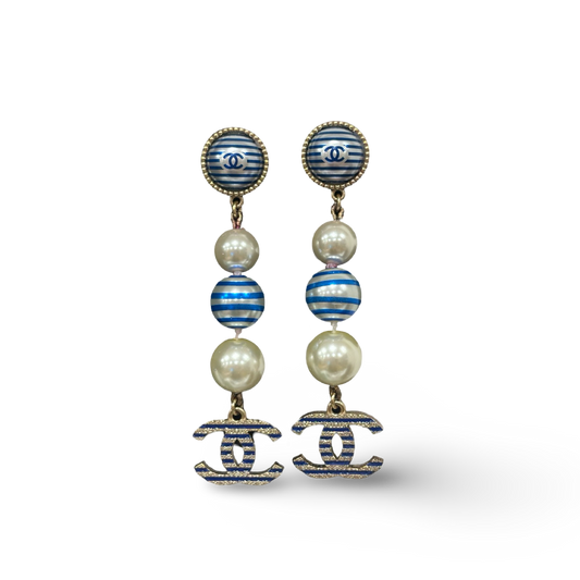 Chanel Resin Pearls Strpped CC Drop Earrings - GHW / Blue