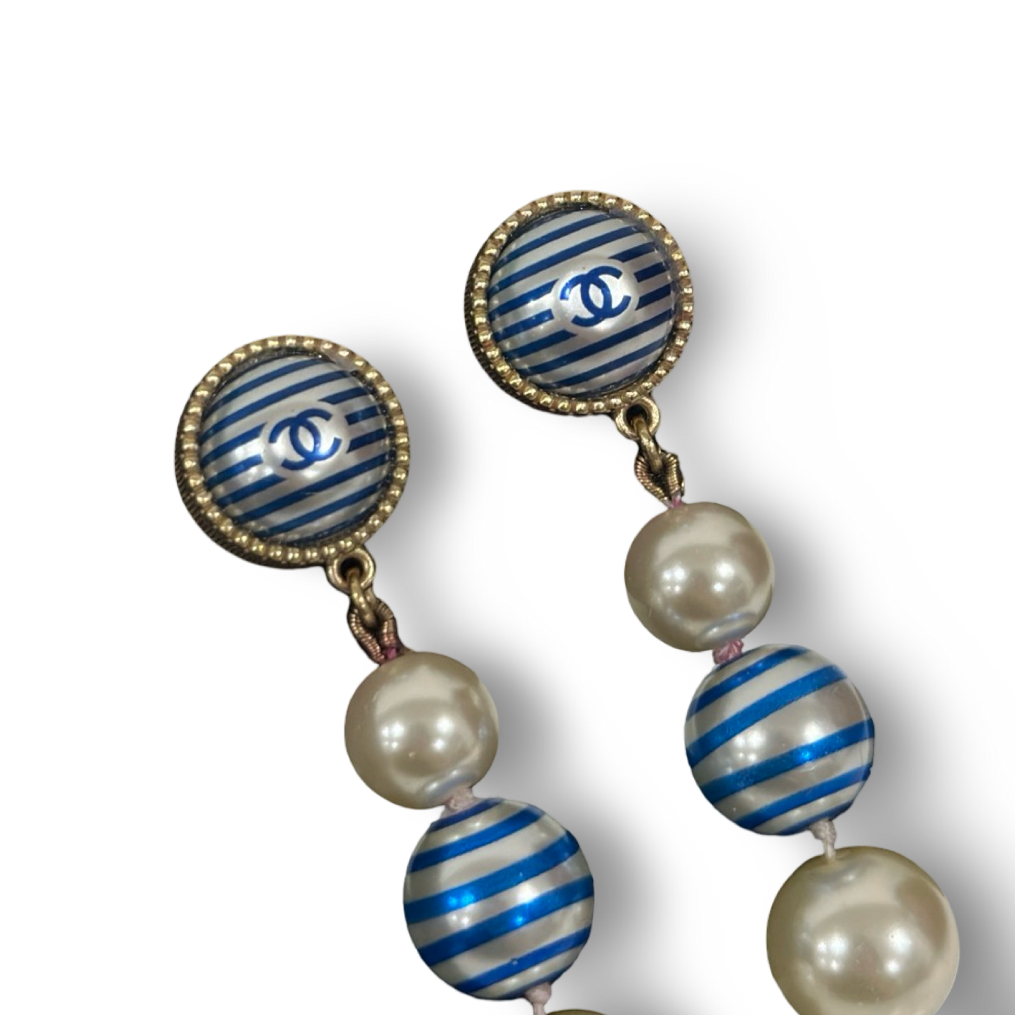 Chanel Resin Pearls Strpped CC Drop Earrings - GHW / Blue