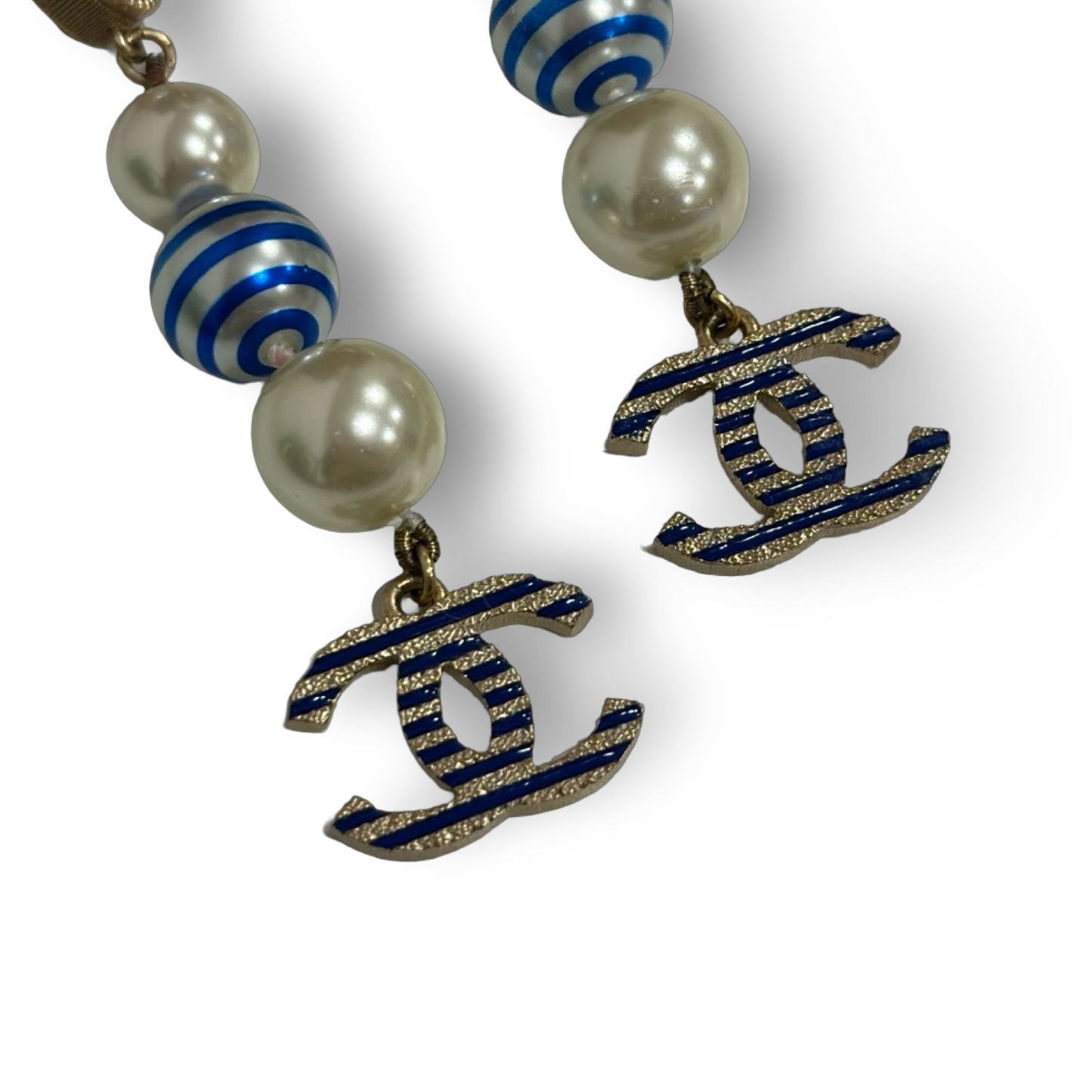 Chanel Resin Pearls Strpped CC Drop Earrings - GHW / Blue