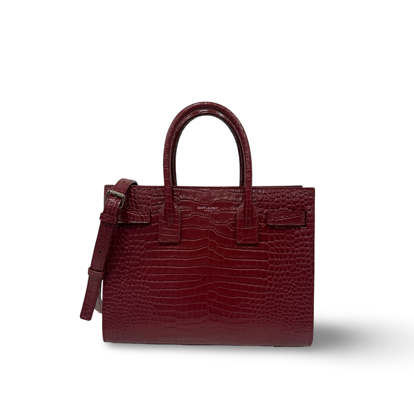 Saint Laurent Calfskin Crocodile Embossed Baby Sac De Jour Bordeaux - Burgundy
