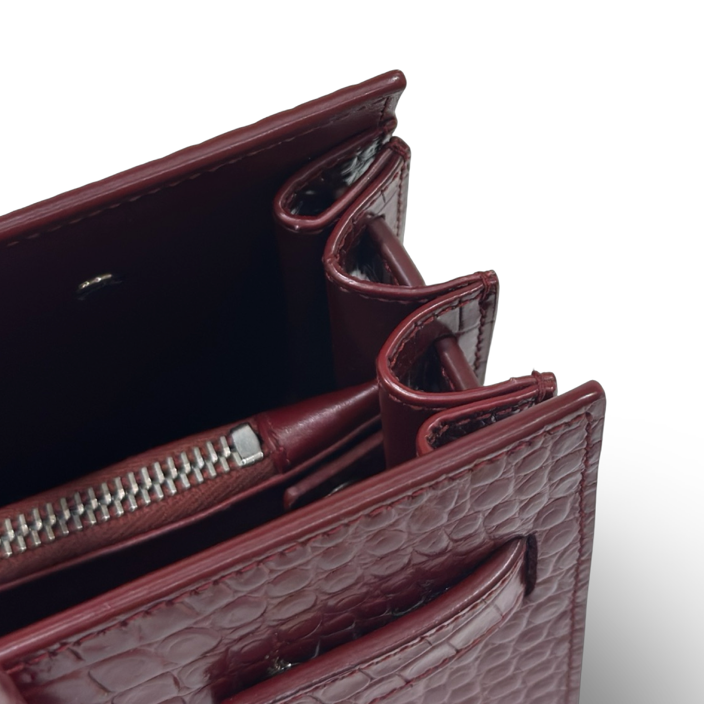 Saint Laurent Calfskin Crocodile Embossed Baby Sac De Jour Bordeaux - Burgundy