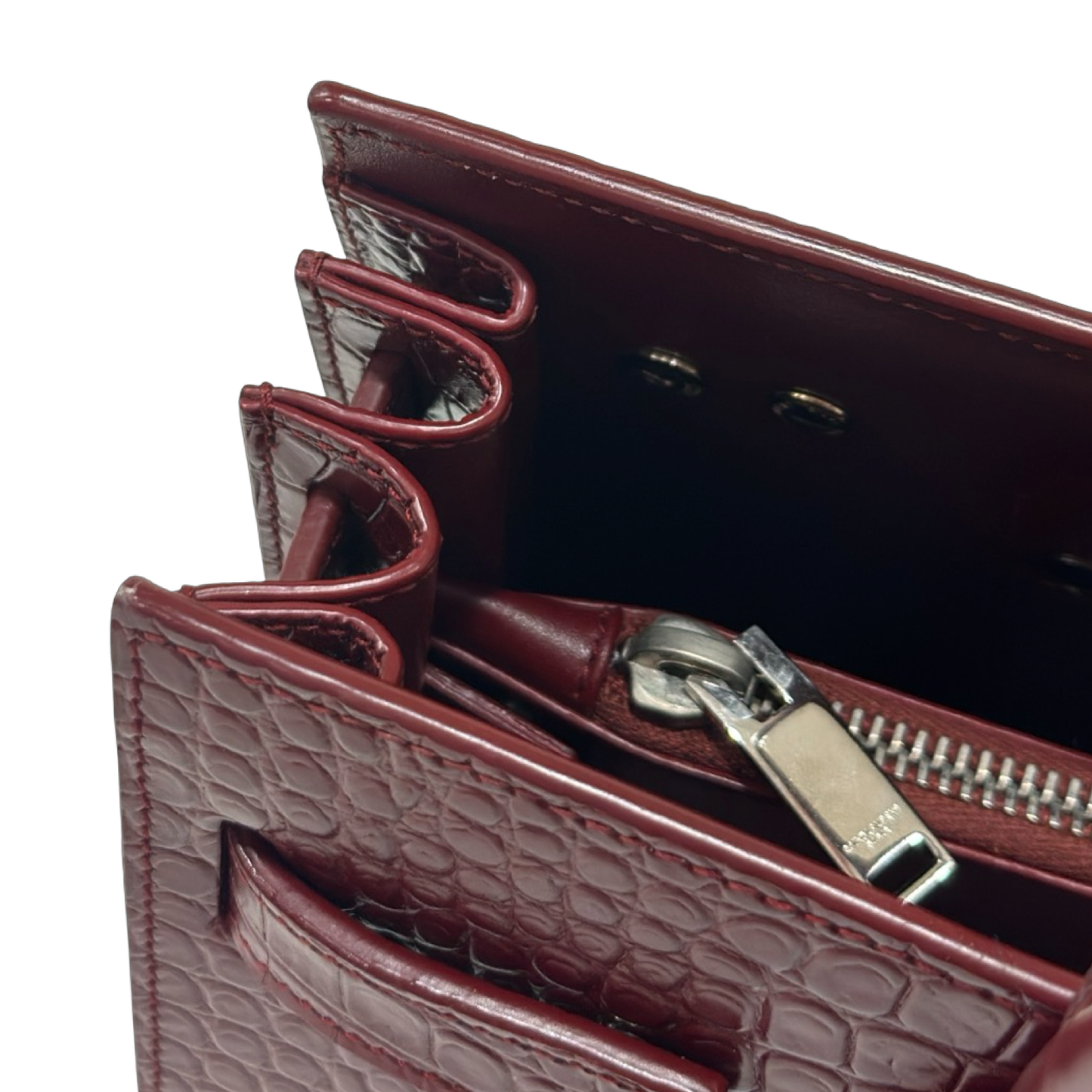 Saint Laurent Calfskin Crocodile Embossed Baby Sac De Jour Bordeaux - Burgundy