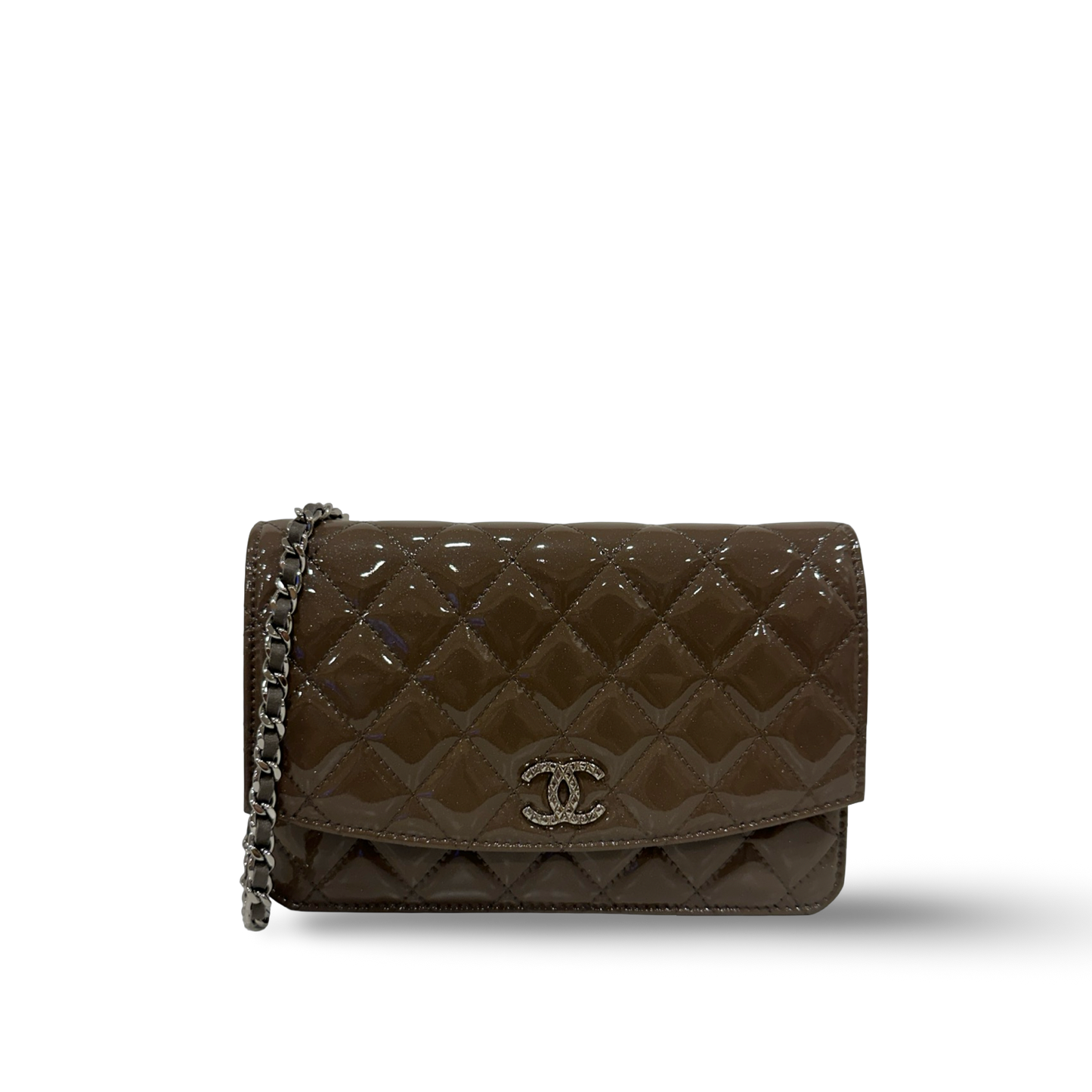 Chanel Quilted Patent Brilliant Wallet on Chain Bag- SHW / Brown