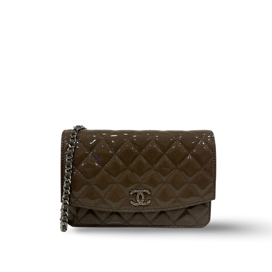 Chanel Quilted Patent Brilliant Wallet on Chain Bag- SHW / Brown
