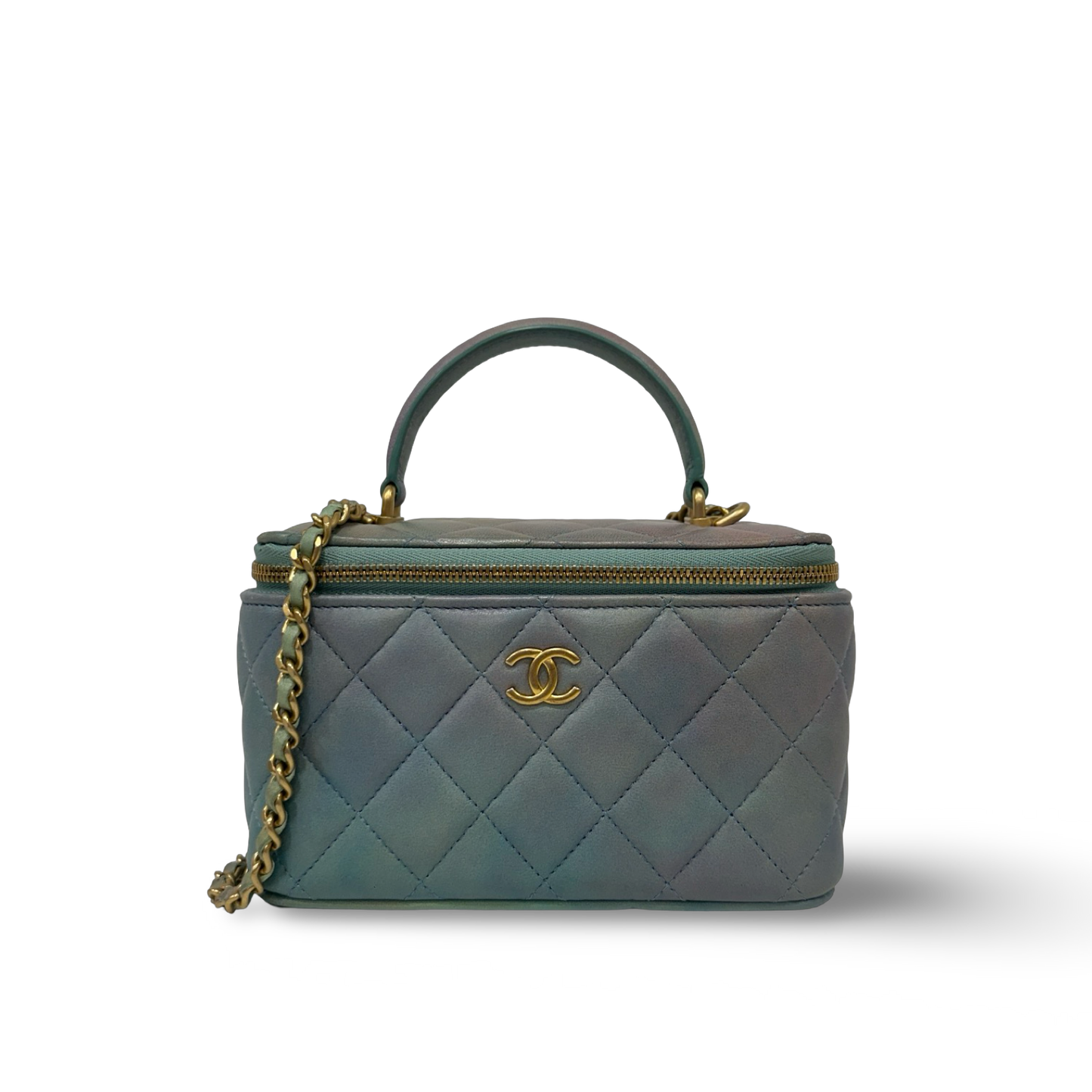 Chanel Quilted Lambskin Tophandle Small Vanity Box - GHW / Blue / Green