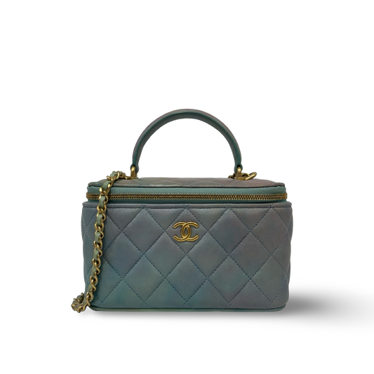 Chanel Quilted Lambskin Tophandle Small Vanity Box - GHW / Blue / Green