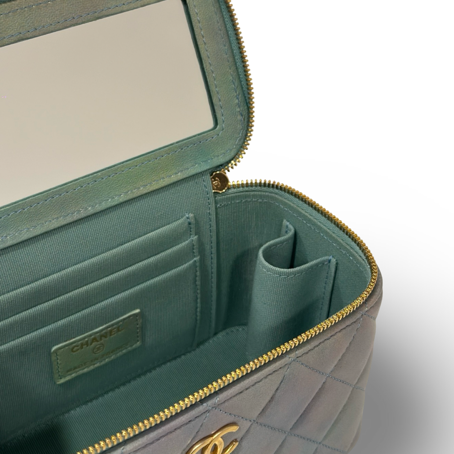 Chanel Quilted Lambskin Tophandle Small Vanity Box - GHW / Blue / Green