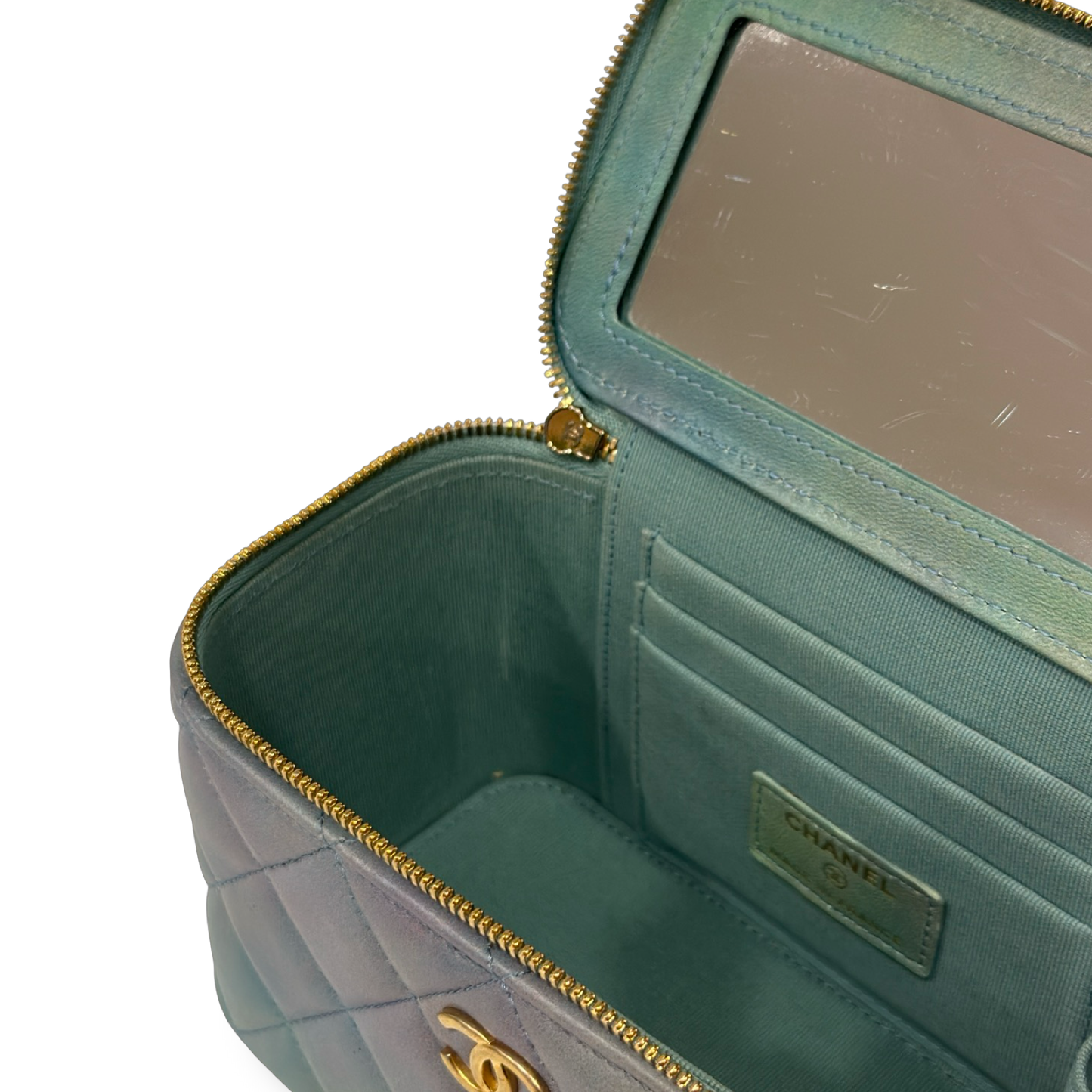 Chanel Quilted Lambskin Tophandle Small Vanity Box - GHW / Blue / Green