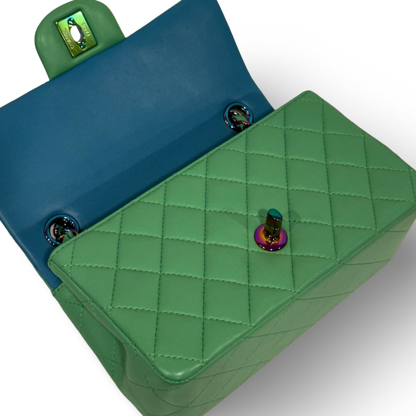 Chanel Quilted Lambskin Mini Rectangular Flap - Iridescent / Green Blue