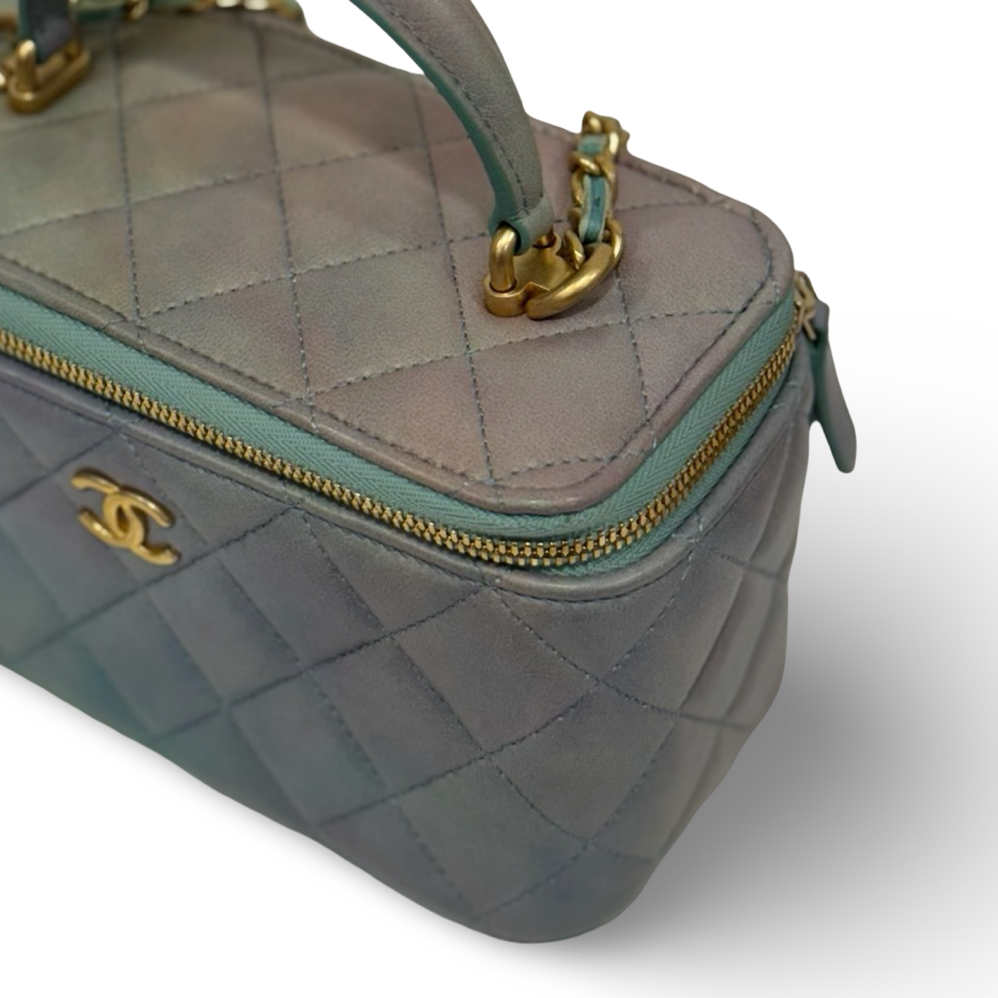Chanel Quilted Lambskin Tophandle Small Vanity Box - GHW / Blue / Green