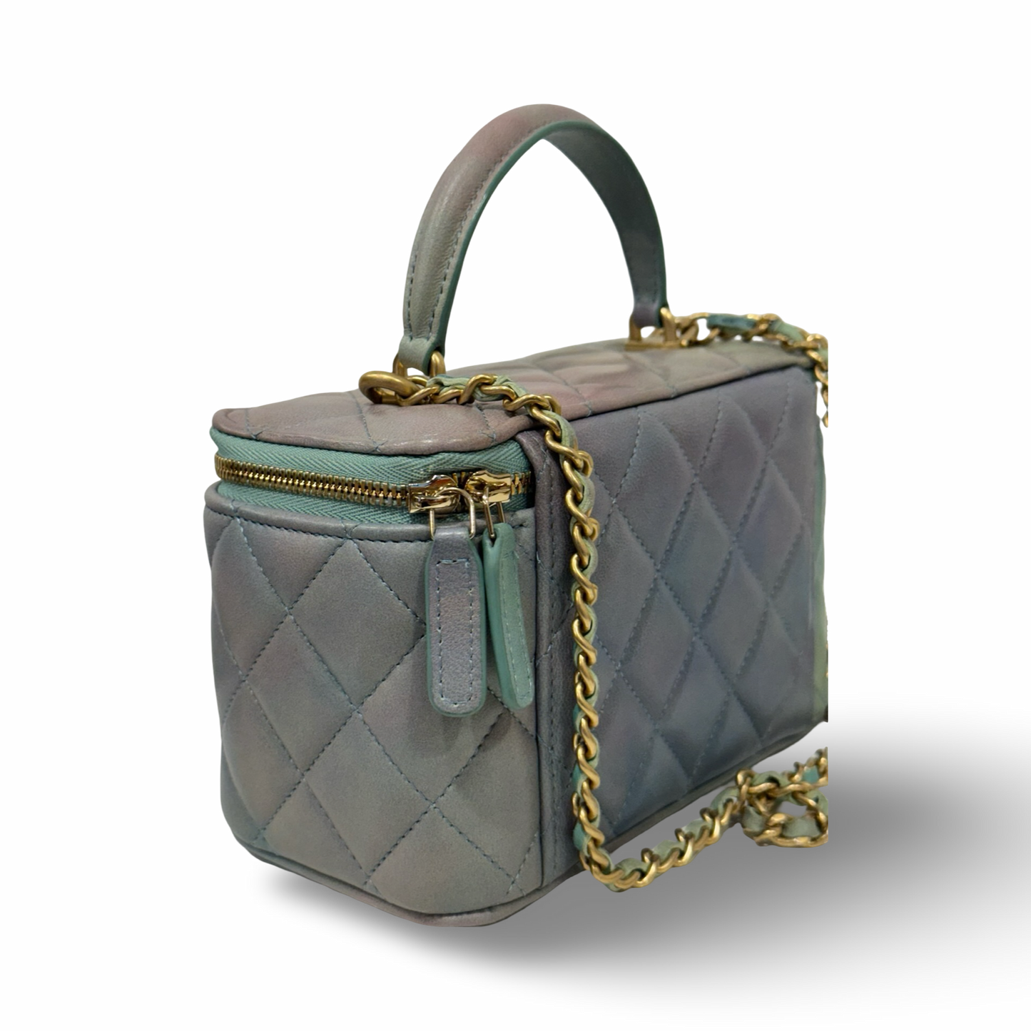 Chanel Quilted Lambskin Tophandle Small Vanity Box - GHW / Blue / Green