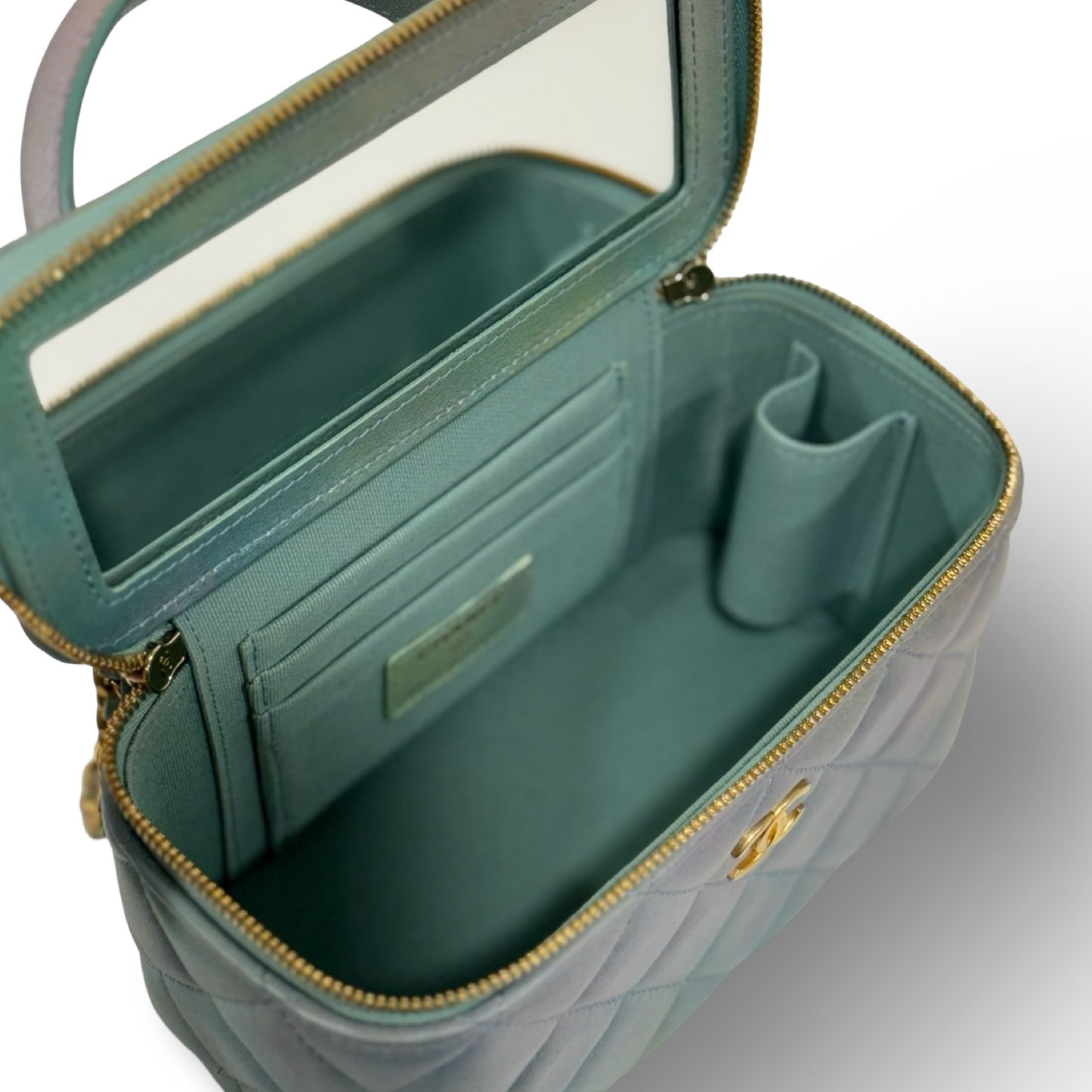 Chanel Quilted Lambskin Tophandle Small Vanity Box - GHW / Blue / Green