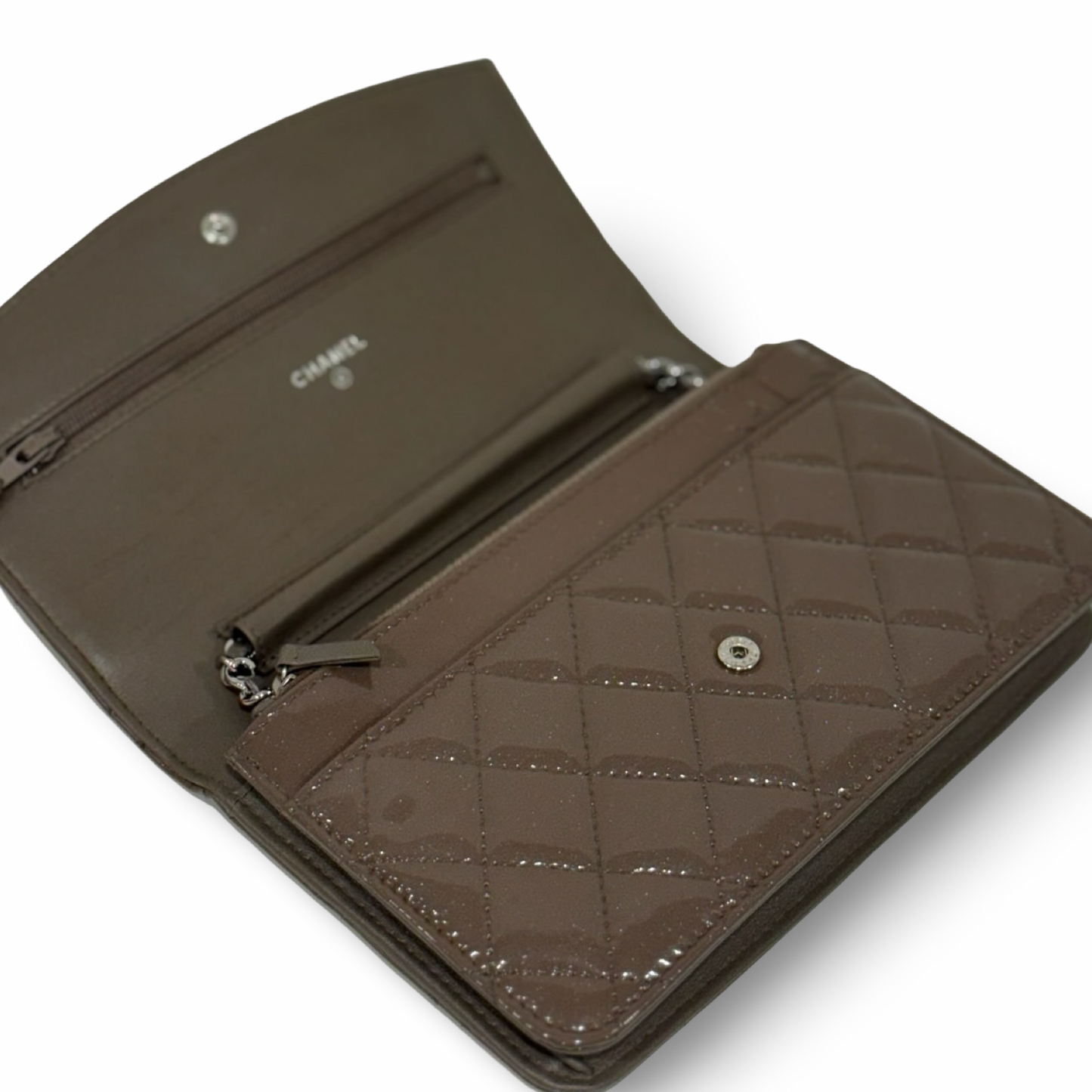 Chanel Quilted Patent Brilliant Wallet on Chain Bag- SHW / Brown